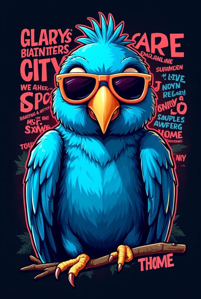 Make a T-shirt print, with animated blue macaw with sunglasses, with phrases in the background, with black background