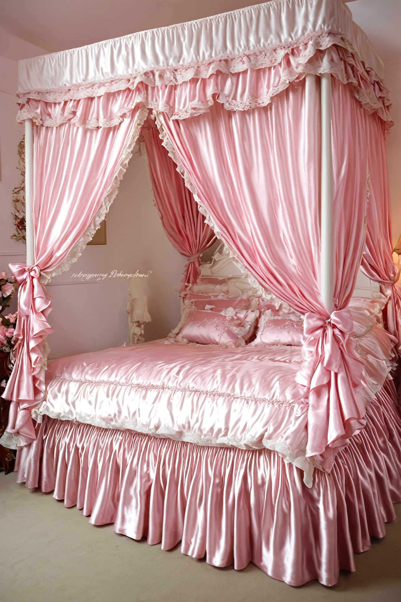 Beautifull 1girl on the bed,early teenage,detailed baby face,small face,a pink silk satin frilled blouse and skirt,medium dress,detailed ribbons,detailed lace petticoat,frilled sleeves,,a bed with a mountain of silk satin pillows,canopy bed,king size bed,more big bed,lot of silk satin frilled pillows,more pillows, A plump qulited silk satin soft devet,devet decorated ribbons, ruffles lace silk.retro white pipe bed frame, realistic, blue eyes, rolled long blond hear,