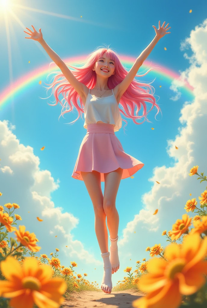 •	Nationality: Korean-Japanese
	•	Hair: Long, wavy hair in intense pink
	•	Clothing: Flowing top, pencil skirt
	•	Footwear: One foot in socks, the other barefoot
	•	Body: Thin, frail, and slender
	•	Facial Expression: Radiates joy and euphoria, with a bright smile and sparkling eyes conveying the emotion
	•	Background: Depicts euphoria with bright, vibrant colors such as yellow and orange, featuring a sunny sky, shimmering sunlight, a rainbow, and a nature scene with blooming flowers. The overall atmosphere is energetic and joyful.
	•	Pose: Arms raised towards the sky, legs bent at the knees