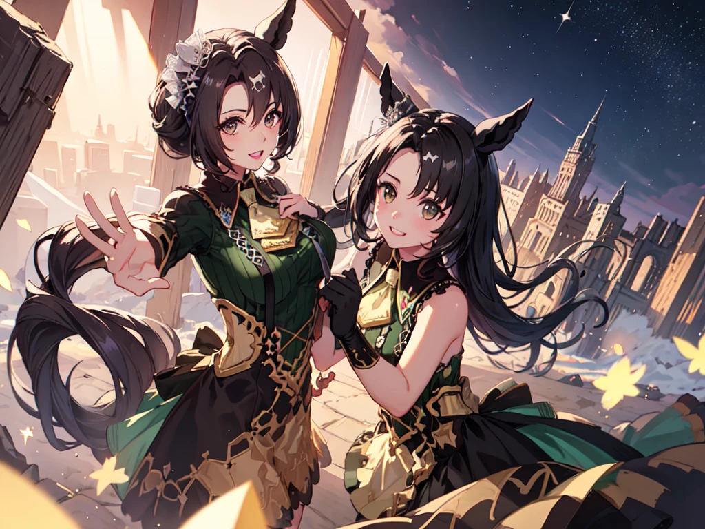 Masterpiece, high quality, 4K, HDR、head shot、Chest centered。Cool horse ears beauty、smile、looking at the camera。Brown Eyes、Pink Lipstick、Glamorous Body。Red glasses、Shoulder less、Casual clothes。Bend your knees、Place your hands on your chest and waist。Night starry sky、Ruins at night。