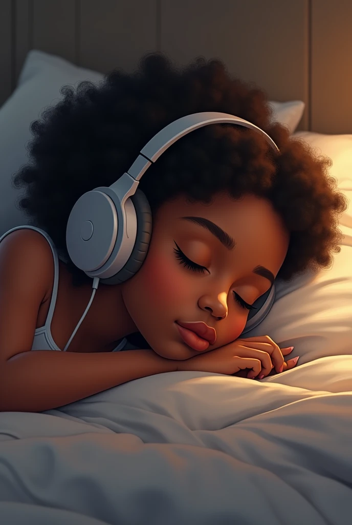 Black girl sleeping with headphone