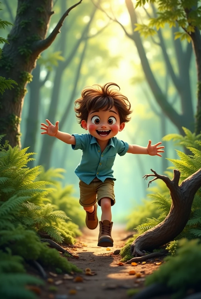 boy wearing a light blue shirt, shorts and boots running through the woods and trips over a tree branch