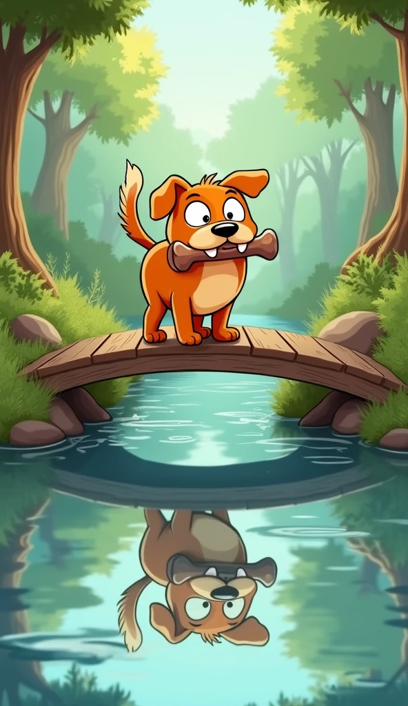 The dog pauses on the bridge, the bon in his mouth, growling at his reflection in the water, thinking it's another dog with a bigger bone.
The dog is orange and Show a dog but should not be fat or child.
Show as cartoons