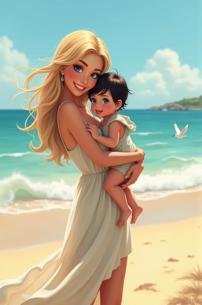 Blonde mom with  black hair and blue eyes of  at the beach, full body 