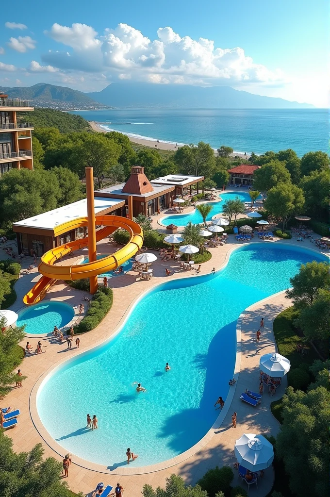 an Aqua Park with a slide and wave pool, large swimming pool, slow river, water-related games, and a themed restaurant with parking
in a plot of 11430m² near the sea and first position of a road