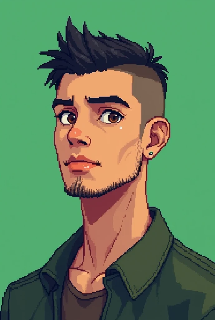 A young light-skinned Caucasian adult in pixel art style, he has black shaved hair, brown eyes and a stubble and has a green background behind him