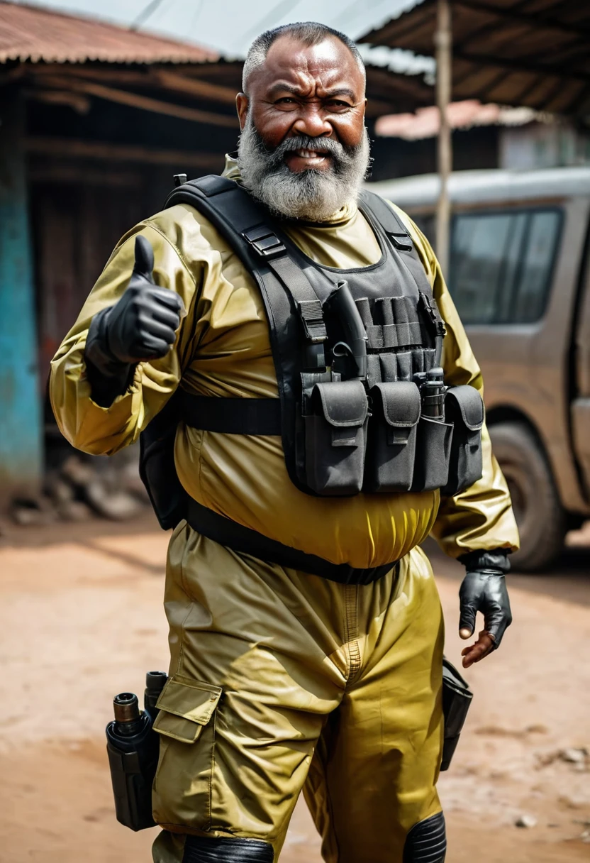 (a dark-skinned fat muscular bearded old man in a bulky camouflage hazmat suit) carrying a gun holster at his left hip, muscular, Basuki Abdullah, sumatraism, action, a character portrait, heroic, fierce, best quality, thumbs up pose