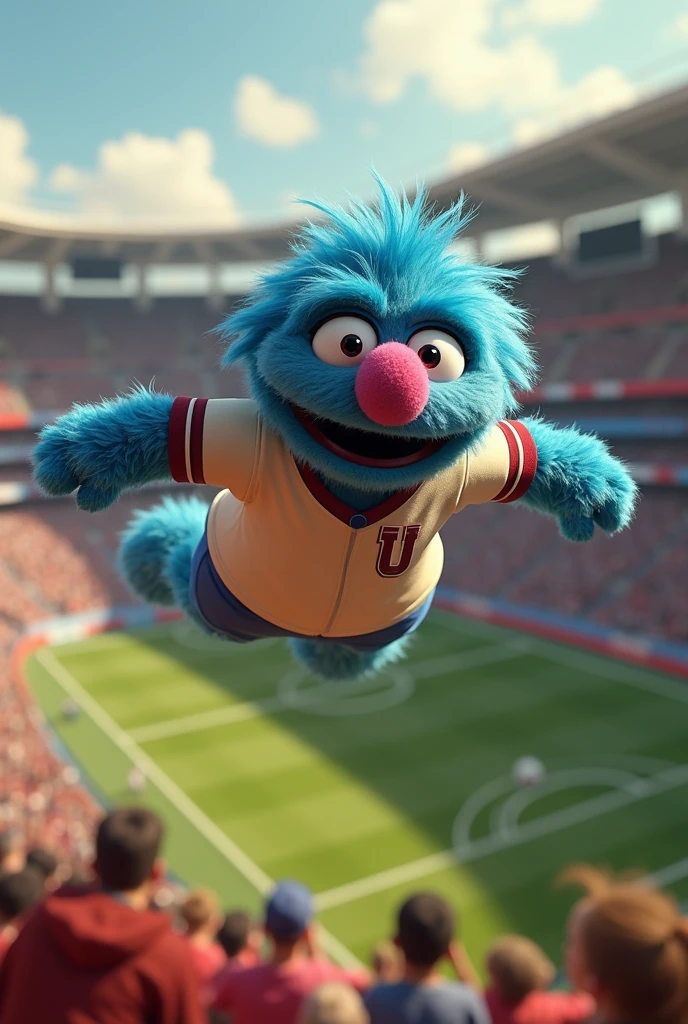 a cheerful blue Sesame Street character, Pancho Sesame, wearing a cream-colored soccer jersey with a burgundy U on the side of his heart, jumping from a helicopter to land in a stadium, hyper-realistic, 8k, detailed facial features, realistic lighting , cinematic, photorealistic, warm color tones, dynamic pose, detailed textures, sharp focus, masterpiece