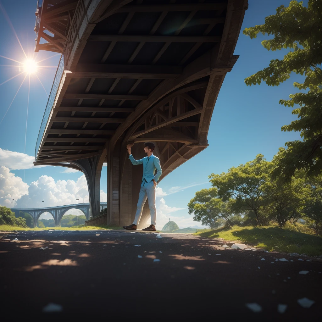 Change Background sky blue and white colouring, Sun light, bridge and road, green trees, handsome boy, realistic face,8k, ultra realistic.