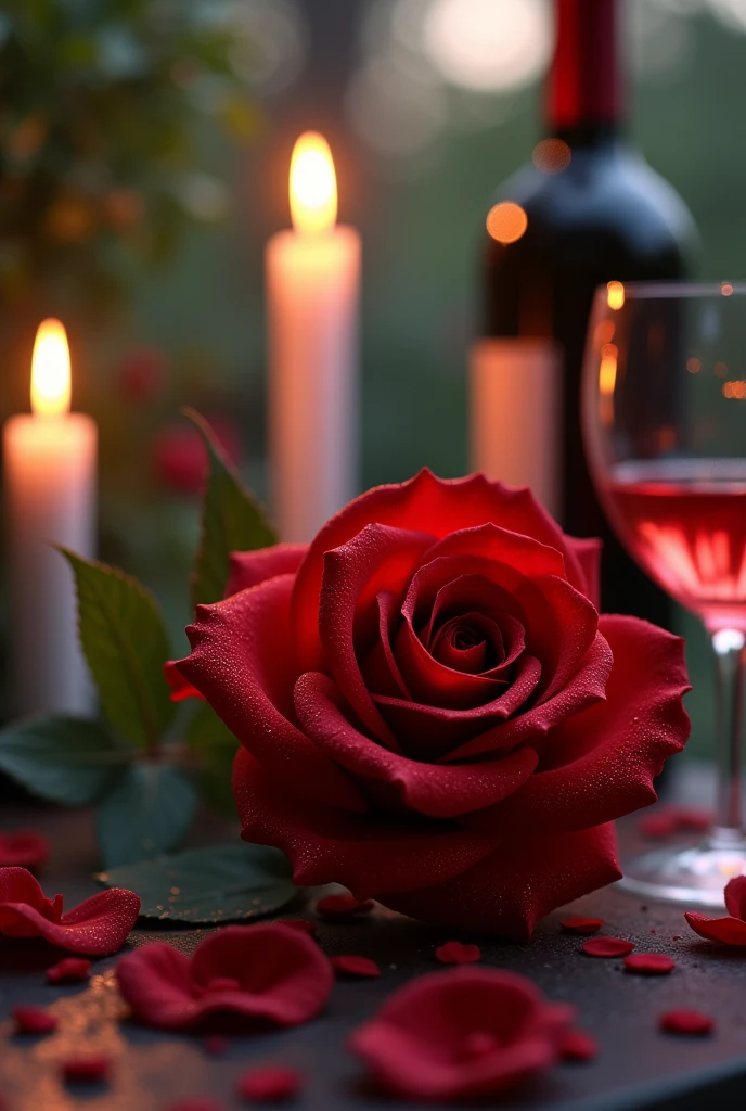 An erotic red rose sweats through the pores in a beautiful garden in the evening light, surrounded by beautiful whites candles that accentuate the eroticism of the scene. A bottle of wine and a glass accompany them. Everything is very sensual.