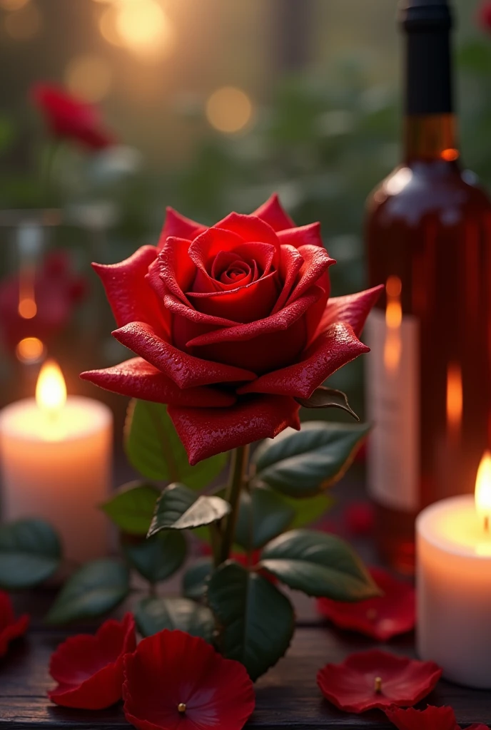 An erotic red rose sweats through the pores in a beautiful garden in the evening light, surrounded by beautiful whites candles that accentuate the eroticism of the scene. A bottle of wine and a glass accompany them. Everything is very sensual.