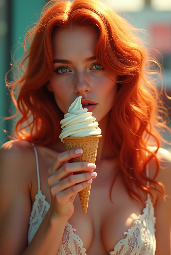 Une femme rousse, au charme ensorcelant, déguste une glace avec une sensualité délibérée. Ses cheveux flamboyants, d'un rouge profond et brillant, encadrent son visage, tombant en mèches douces sur ses épaules. Elle est vêtue d'une tenue estivale, peut-être une robe légère qui met en valeur sa silhouette élancée et ses courbes naturelles.
Elle tient la glace avec délicatesse, et son regard, à la fois espiègle et séduisant, se pose sur l'objet de son plaisir. D'une langue habile et délicate, elle lèche la glace, savourant chaque instant avec une lenteur étudiée. Ses lèvres pulpeuses capturent la crème glacée, laissant une trace subtile qui fond rapidement sous la chaleur de sa bouche. Ses yeux mi-clos et son sourire à peine esquissé trahissent le plaisir qu'elle prend à ce jeu, rendant la scène encore plus envoûtante.
Autour d'elle, l'atmosphère est vibrante, peut-être en plein air par une journée ensoleillée ou dans un lieu animé, mais tout semble se concentrer sur ce moment intime et suggestif. Le contraste entre la fraîcheur de la glace et la chaleur de son attitude crée une tension délicieuse, rendant chaque geste de cette femme rousse irrésistiblement captivant.