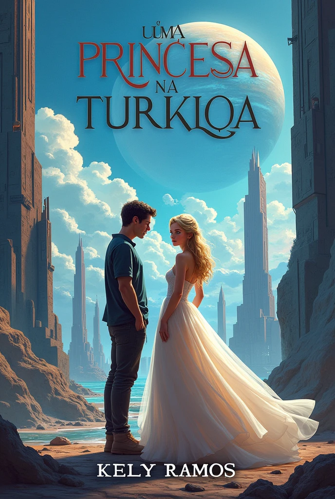 Create the cover for my book A Princess in Türkiye for me, place Building, another planet, a blue-eyed blonde princess and a dark-haired man dressed in casual clothes, Put the title of the book in Portuguese, and my author name is Kelly Ramos.