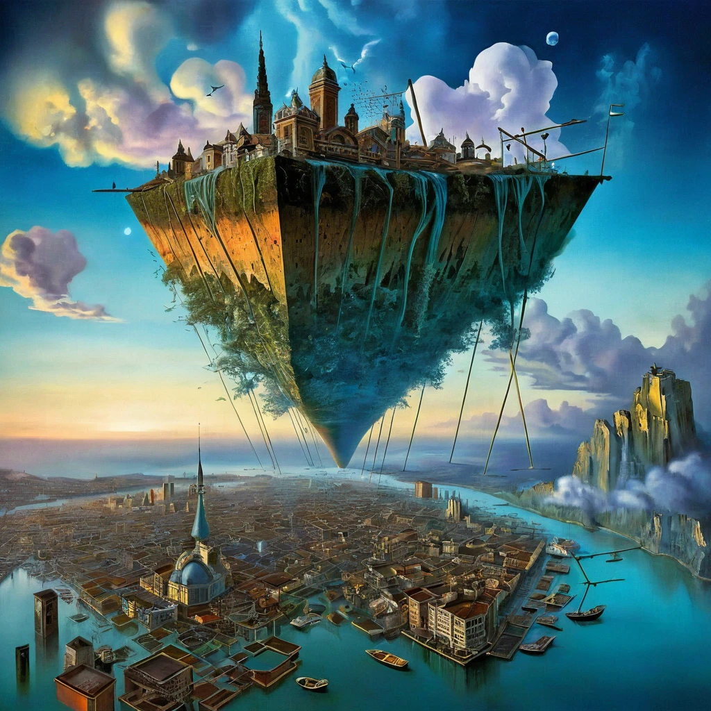 ( Surrealism ) a Surreal scene involving a floating 1900's city in the sky, and next to that city is a sideways city on the right side, and under it is an upside down building in the bottom, non euclidean geometry, and abstract sitars that are illusions , confusing chaos, ethereal and divine, photorealistic, 8k, hyper detailed, dramatic lighting, vibrant colors, surreal and abstract,