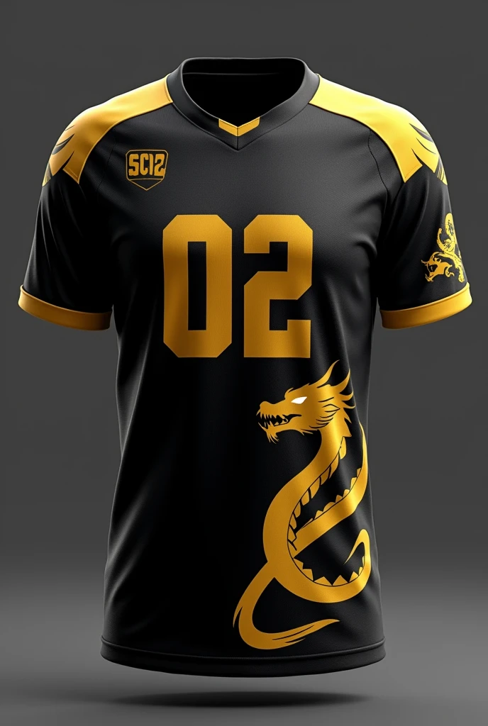 Design a high school Olympics sports jersey featuring a minimalist dragon motif. The jersey is predominantly black, with a stylized golden dragon wrapping around the lower right side, its body extending upward in a fluid, abstract manner. The dragon's head points toward the chest area, with its eyes glowing in gold. The player number is large and centered in a gold font. The sleeves have a subtle golden claw mark on each side, adding a fierce touch.