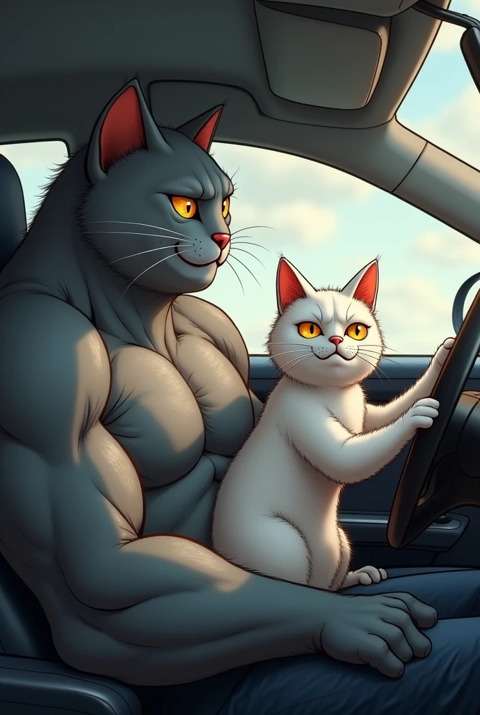 Adult Gray cat is muscular, he is like a human, his hands are like a human's. cat and wife she is white she is pregnant driving to the hospital