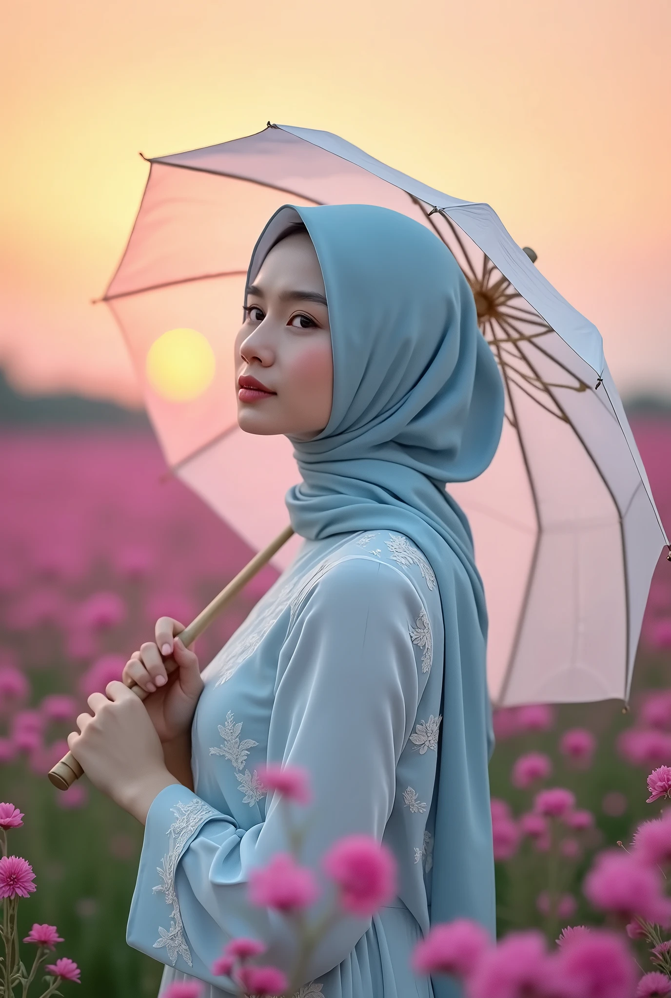 Photography from the side, a beautiful Asian woman is sitting looking at the viewer, wearing a hijab, light blue loose dress with a white embossed floral motif design, long, holding a transparent white umbrella on her shoulder, with a background behind a sunset view with bright red and purple shades. This view is in the middle of a field of small pink flowers with irregular heights, giving the impression of tranquility and cultural beauty. blurred background, woman covered in flowers in the foreground.