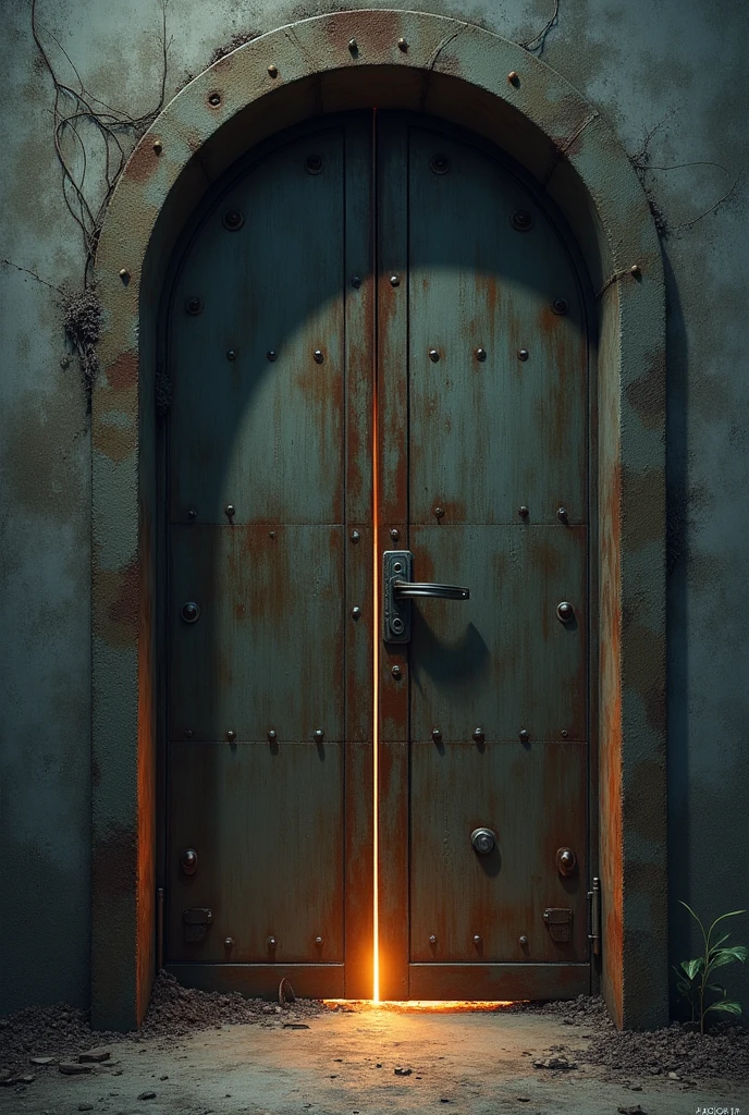 Create an illustration of a heavy, tightly closed door。The door is made of metal、It&#39;s rusty.、It looks like it would be difficult to open。
but、In the keyhole of the door、I drew a small light shining through the、Add an element of hope。