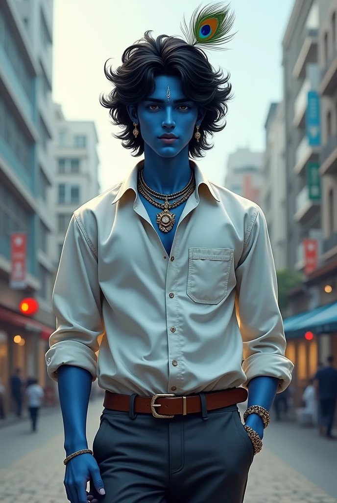 Lord krishna is wearing shirt and pants in modern style