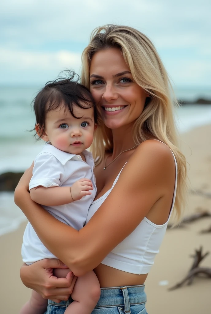 Blonde mom with baby black hair and blue eyes of  at the beach, full body, realistic photo