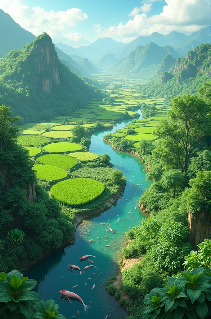 Rice fields, yardlong bean fields, chili fields, basil fields, ponds with river prawns and squid eggs