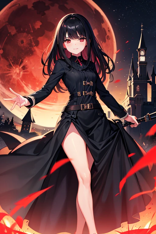 girl, black hair, hime cut, black dress, long skirt, musket, laughter, madness, castle, night, red moon, bewitching