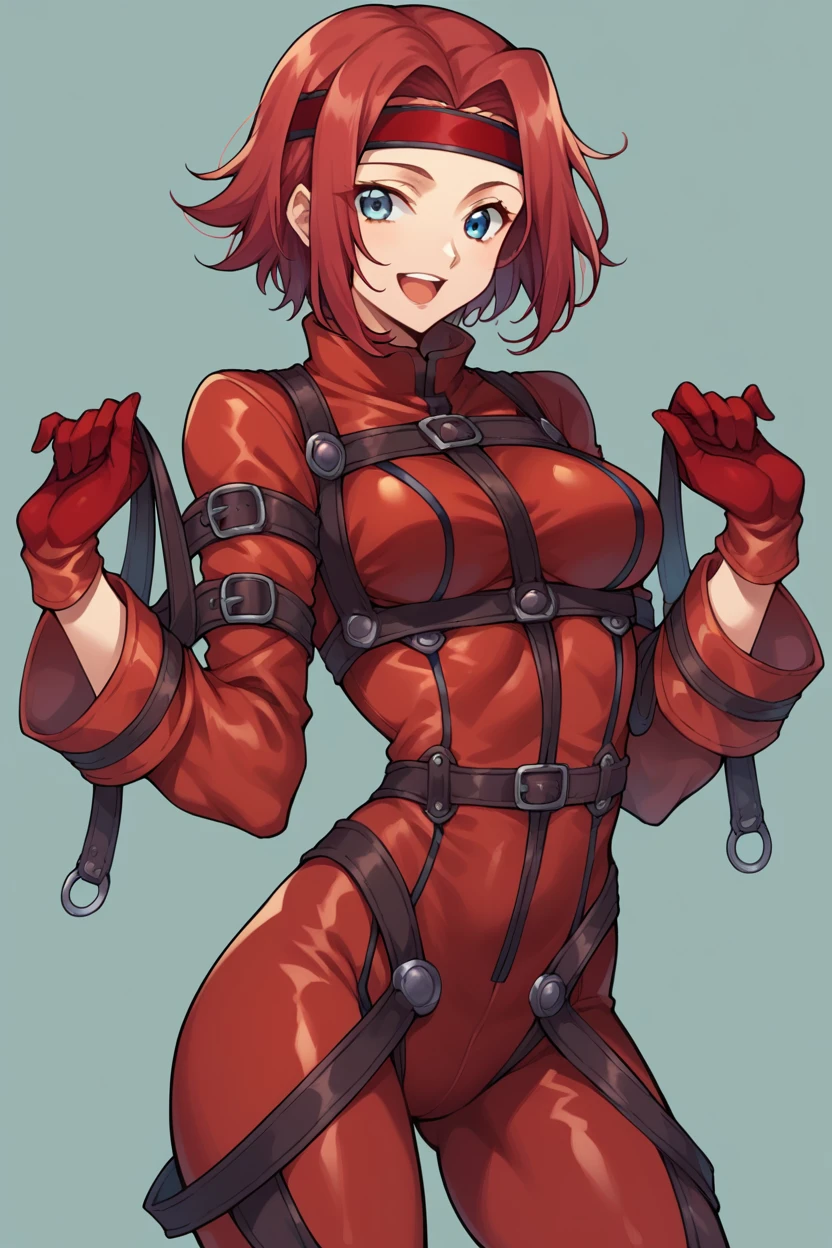 score_9, score_8_up, score_7_up,score_6_up, score_5_up, score_4_up , 1girl, solo, KallenStadfeldXL, blue eyes, red hair, short hair, parted bangs, hair intakes, red headband, medium breasts, cleavege, red armor, grey ornament armor, red bodysuit, bodysuit sleeves, red gloves, bodysuit legs, cc, c.c., yellow eyes, green hair, long hair, straight hair, straitjacket, white straitjacket, wide sleeves, happy, cowboy shot, simple background