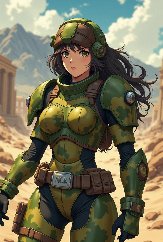 Dynamic anime-style ranger, intricately designed NCR armor with vivid camouflage patterns, bold lines and high contrast colors, emotional expression of fierce determination, vast post-apocalyptic wasteland backdrop, crumbling ruins and distant mountains, atmospheric dust swirling around, intense gaze directed toward horizon, adorned with utility belt and gear, flowing movements highlighting character's readiness for action, muted earth tones blended with splashes of vibrant green and brown in camouflage, sharp details defining armor segments and textures, foreground character dominating the scene, detailed background integrating with the narrative, anime-inspired composition emphasizing motion and depth, warm sunlight filtering through atmospheric haze, ethereal glow enhancing armor reflections, stylish depictions echoing the intensity of the Fallout universe while retaining anime charm, executed with meticulous attention to expressive features and color vibrancy, rich storytelling through visual elements as the audience is invited into the ranger's world.