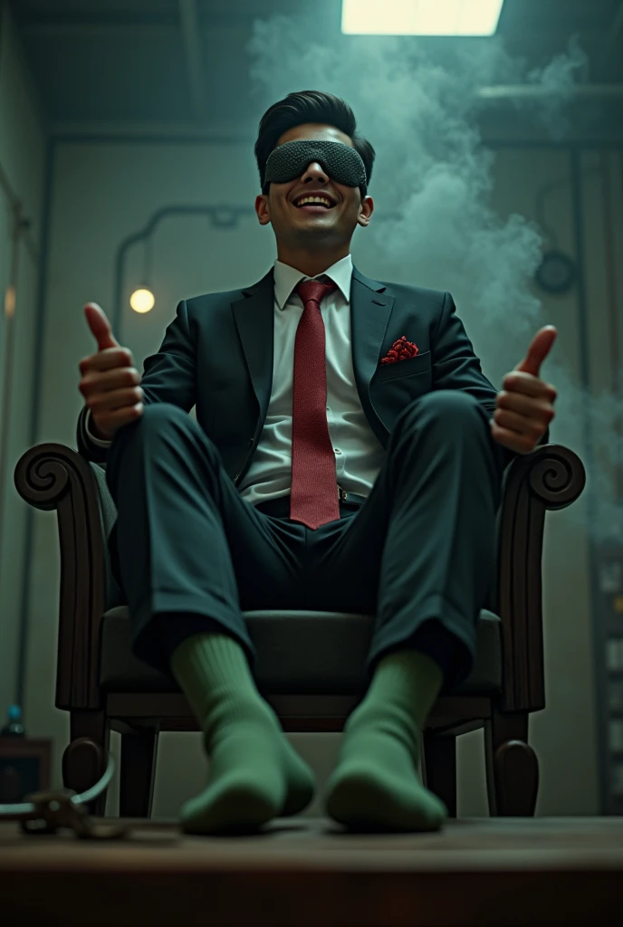 Malaysia malay handsome 19 years celebrity
His handcuff in warehouse
Blindfolded
Black Suit and Red tie
feet on desk
feather
shoes on desk
5 toes each feet
Green sock
Smoke effect smelly sock
2 man under his feet
1 man take off his socks
1 man holding feather tickle his feet
He laugh very hard
