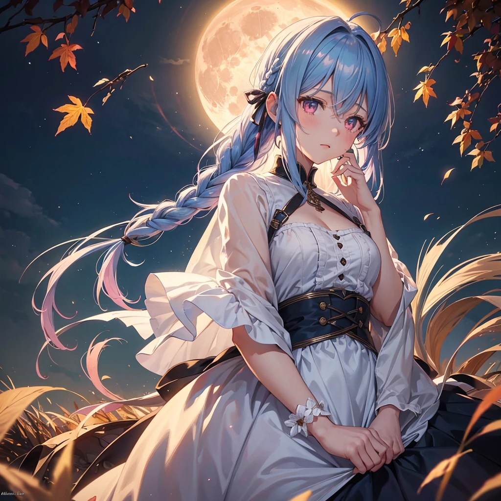 (Braiding hair),(Sky blue medium hair), (Pink eyes),(Fair skin)  ,(whole body),(One Girl),(harvest moon),(A large amount of Miscanthus sinensis in the background),autumn,(full moon),(masterpiece, Highest quality, Very detailed, Best Shadow), (Detailed Background), (Beautifully detailed face), High Contrast, (Best lighting, Very delicate and beautiful), ((Cinematic Light)), Hyper Detail,8k, Dramatic Light, Intricate details,Autumn leaf viewing,