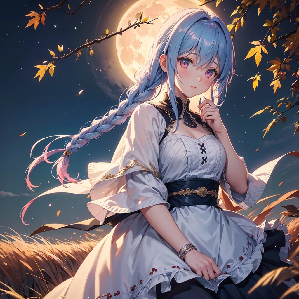 (Braiding hair),(Sky blue medium hair), (Pink eyes),(Fair skin) ,(whole body),(One Girl),(harvest moon),(A large amount of Miscanthus sinensis in the background),autumn,(full moon),(masterpiece, Highest quality, Very detailed, Best Shadow), (Detailed Background), (Beautifully detailed face), High Contrast, (Best lighting, Very delicate and beautiful), ((Cinematic Light)), Hyper Detail,8k, Dramatic Light, Intricate details,Autumn leaf viewing,