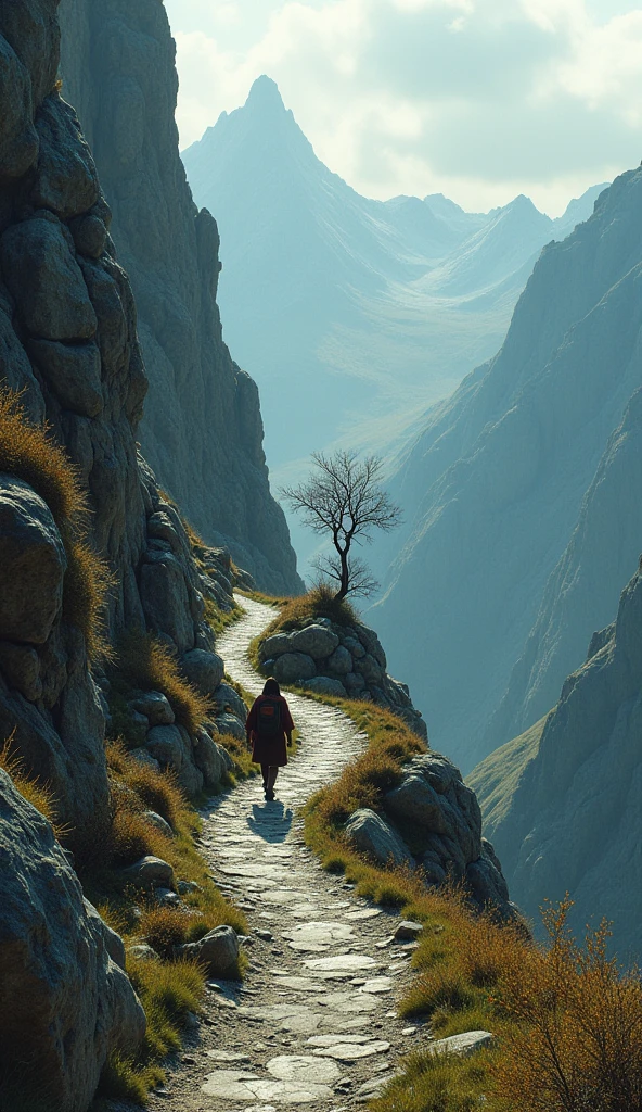 A winding road leading up a mountain, with a person walking steadily along it, each step representing continuous effort towards an attainable goal.