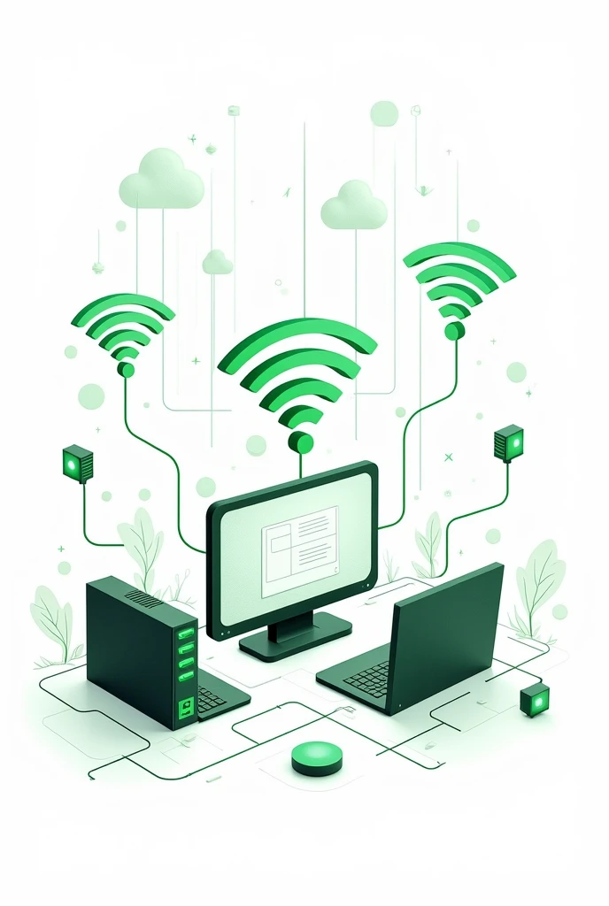 black and green drawing representing computer and wifi networks only the drawing with a white background