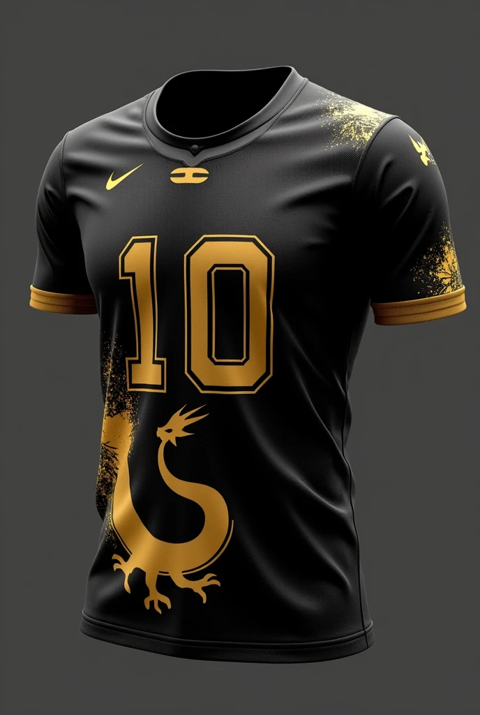 Design a high school Olympics sports jersey featuring a minimalist dragon motif. The jersey is predominantly black, with a stylized golden dragon wrapping around the lower right side, its body extending upward in a fluid, abstract manner. The dragon's head points toward the chest area, with its eyes glowing in gold. The player number is large and centered in a gold font. The sleeves have a subtle golden claw mark on each side, adding a fierce touch.