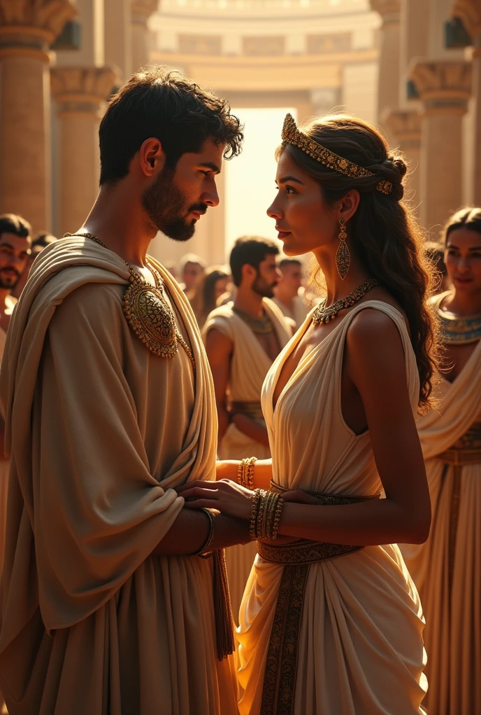 Masterpiece, Imagine a grand wedding in Ancient egypt, 83 BC, where the young and ambitious Julius Caesar, aged 17 ( ultra detailed determined face), is united in marriage with the strikingly beautiful and noble Cornelia, aged 14. Picture the scene filled with the romance and promise of greatness, as guests dressed in the finest egyptian attire of the 1st century BC gather to celebrate this auspicious union. Cornelia, a  egyptian noble girl, (slim slender body, light brown hair, ultra detailedseductive face), radiant in her elegance, embodies the ideal of egyptian femininity, her youthful beauty enhanced by the luxurious fabrics and sophisticated styles of her wedding garments. Amidst the ancient splendor of egypt, their love story begins, set against a backdrop of political intrigue and the timeless grandeur of an empire, (egyotian clothings from the 1st century BC:1.2), 16K, ultra high res.photorealistic, UHD, RAW