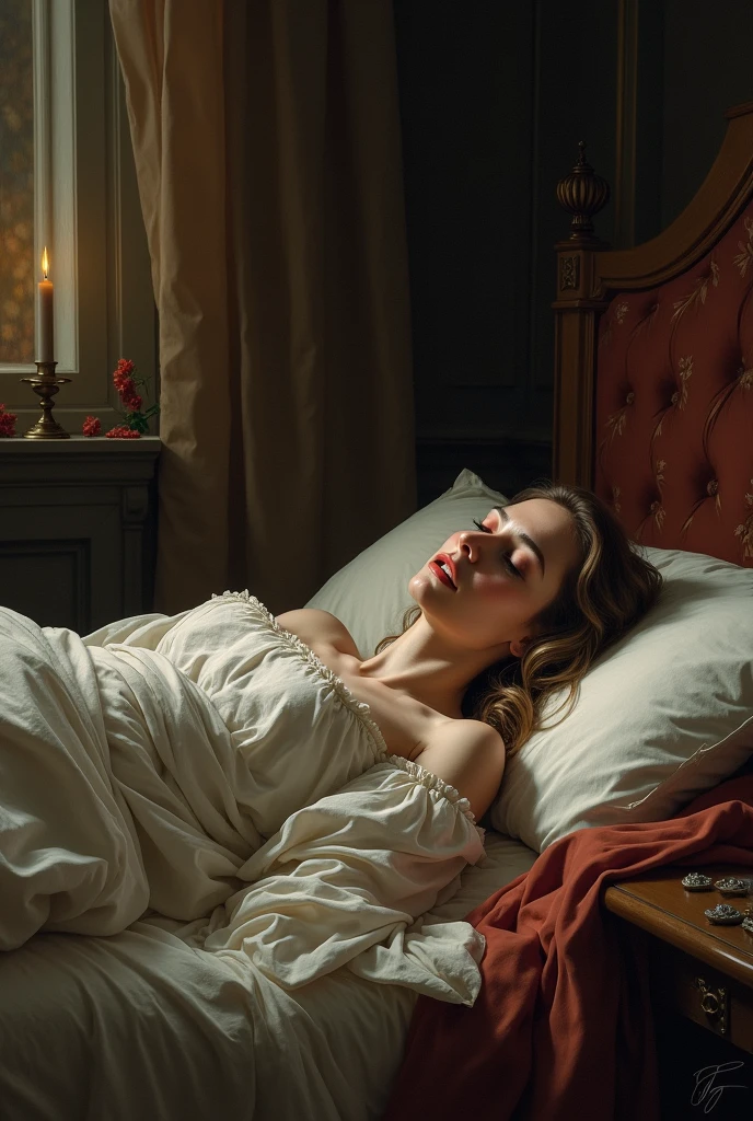beautiful queen crying in her bed after giving birth to a dead baby 