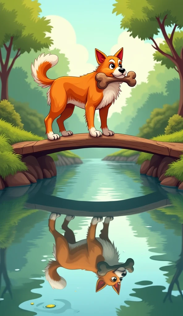 The dog pauses on the bridge, the bon in his mouth, growling at his reflection in the water, thinking it's another dog with a bigger bone.
The dog is orange and Show a dog but should not be fat or child.
Show as cartoons