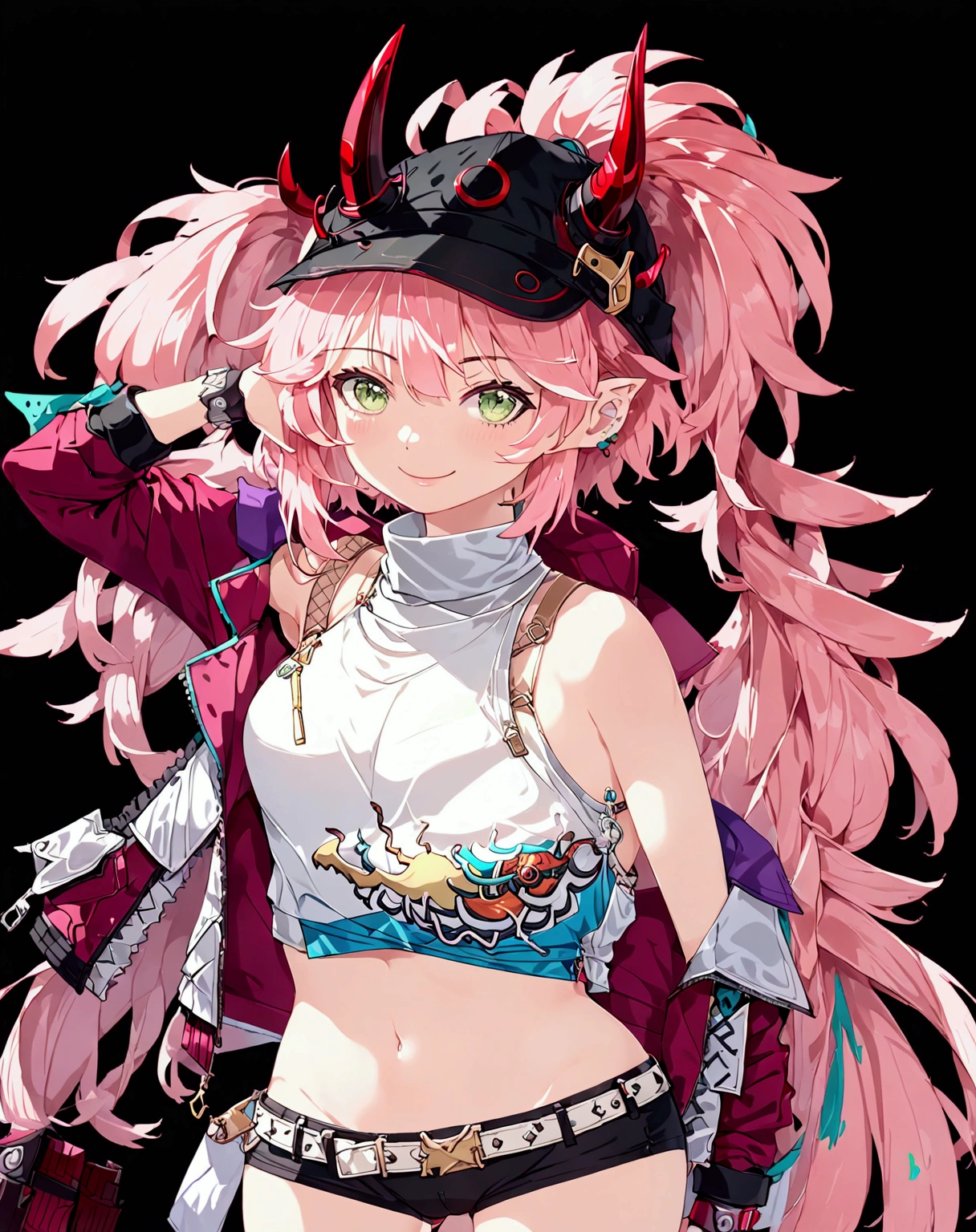 1 girl, fingerless gloves, gloves, green eyes, black cap, red horns, jacket,  looks at the viewer, pink hair, one pony tail, red nails, solo,  chest, white top, green eyes, jacket, looks at the viewer, mid-body, navel, pink hair, one pony tail, black shorts, solo, Hip Strap,  red horns, looks at the viewer, middle chest, navel, one pony tail, short shorts, black shorts, smile, solo, chest, green eyes, smirk, big chest, looks at the viewer, pink hair, red jacket, smile, solo, no ears, The girl winked victory hand, upper body, Little hair, no ears , sexy