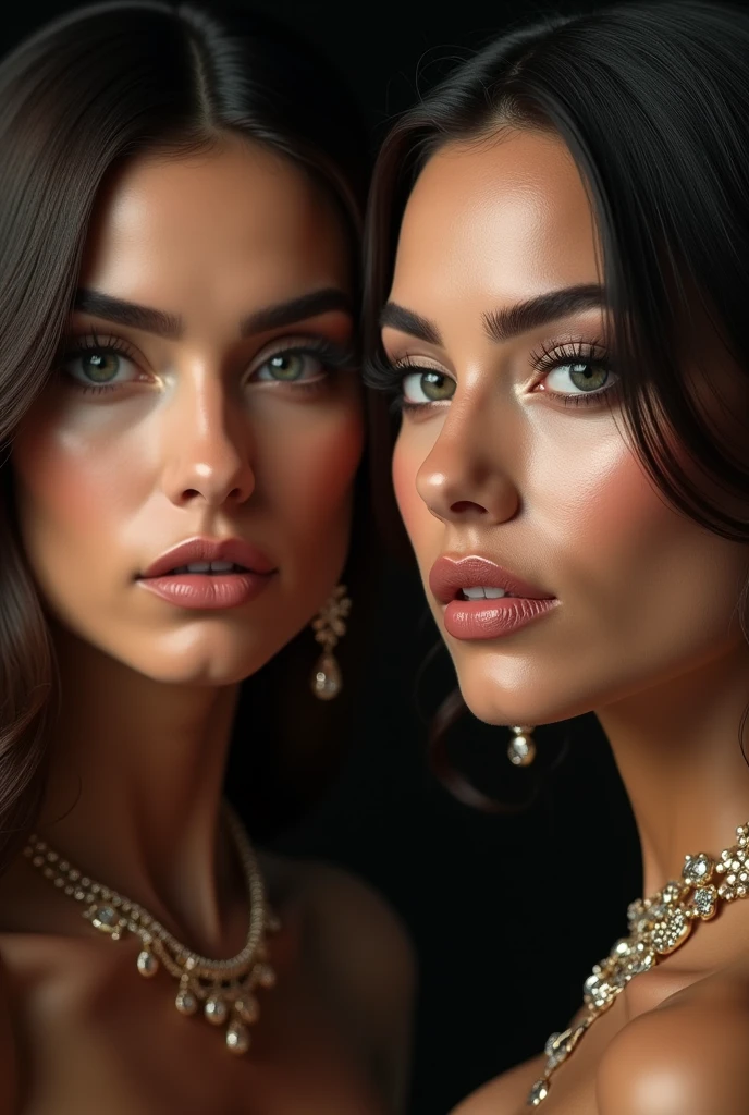 2 arabic woman, glamorous gaze, straight dark hair, long eyelashes, small nose, roundish-almond eyes shape, heart face shape, round eyebrows, hyper realistic, photorealistic, close up, studio lightening