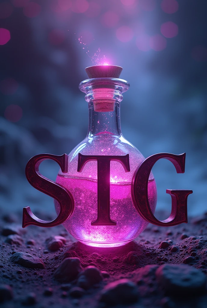 A potion with pink liquid, with universe background with purple and dark blue gradient, with 3 large letters in CAPSLOCK medieval font written Stg below the potion and also written above the potion Strength Through Grit with the same font as STG