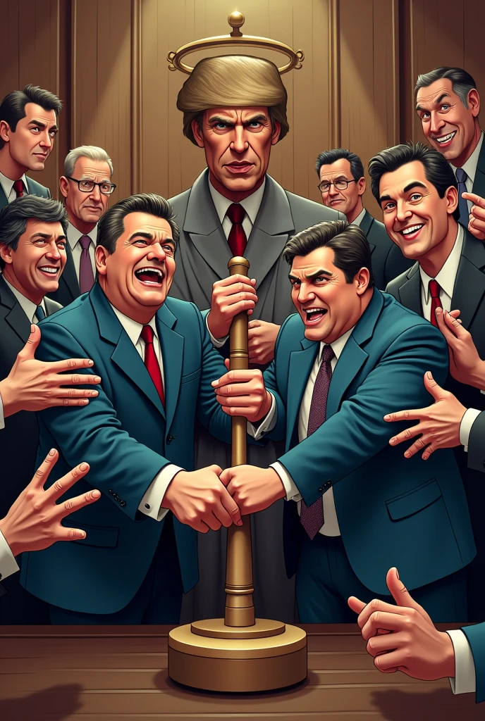 A funny meme human like that showing a judge in court and a man are fighting over the gavel because the man wants to strike it on the gavel stand to ensure that with the poor people crying in the side seeking justice and freedom, rather than allowing those people laughing in another side with money who use money to escape their crimes.