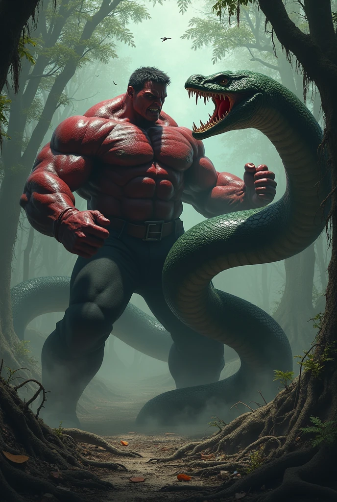 A red hulk in blazer  suit fighting with the anaconda at dark forest