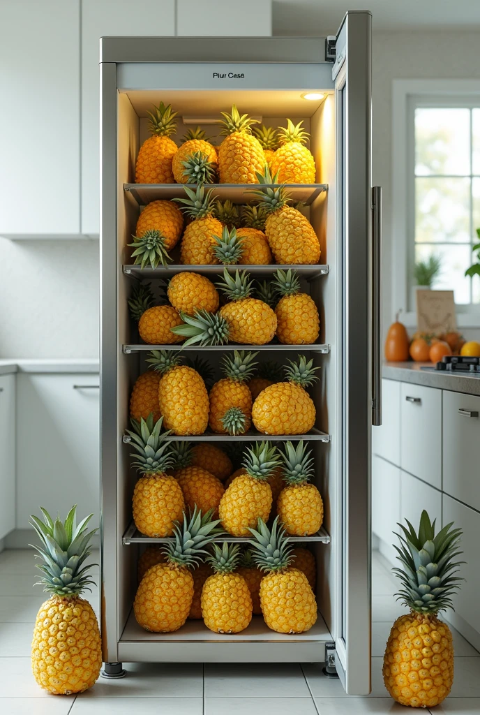 A fridge that looks complete filled with pineapples