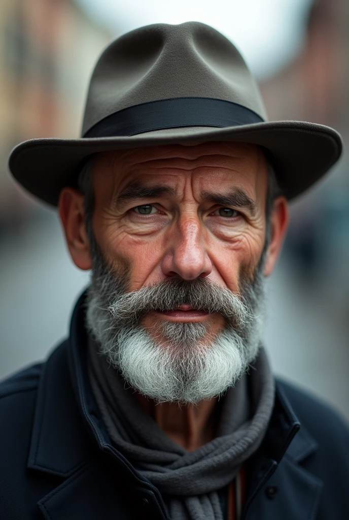 A middle-aged man with a hat, captured using Leica Q2, 28mm lens, overcast lighting, meticulous beard texture, natural skin tones, focused depth of field.