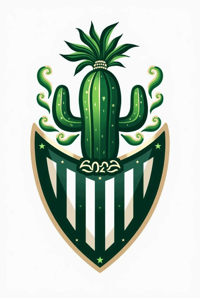 A football shield, The base uses the Liverpool shield, Replace the bird in the middle with a cactus and at the top of the shield instead of the crown, have a plume, whether Aztec or Mayan., The colors can be green and white, that the style is already such that it can be put on uniforms. Do not include the name of the Liverpool team, replace it with Valtierrilla, Keep the band at the bottom and it says 2024.