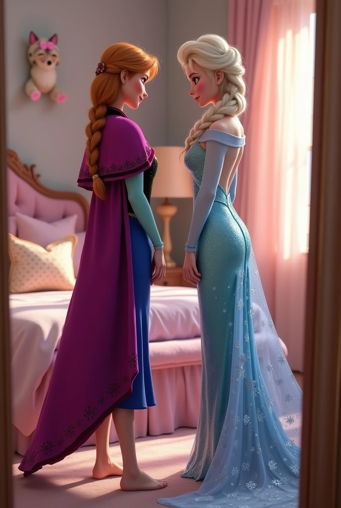 Anna and Elsa comparing the size of their butts, bedroom, full-length mirror, mirror selfie, looking back over their shoulders, holding up their butts to make them look bigger