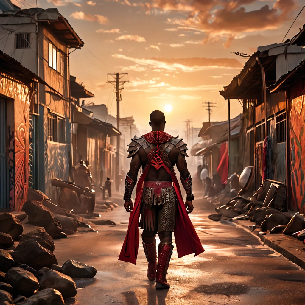 A powerful depiction of Exu, represented as a strong Black man with a commanding presence. He is dressed in a striking combination of black and red attire, symbolizing his dual nature and connection to both the and spiritual worlds. Exu stands at a mystical crossroads, holding a trident in his hand, which radiates authority and power. Surrounding him are symbols of communication, trade, and transformation, reflecting his role as a messenger and guardian of paths. The background merges gritty urban street art, representing modernity and the energy of the city, with spiritual African motifs, paying homage to his ancient roots. The overall atmosphere is dynamic, charged with movement and the potential for change, capturing the essence of Exu as a master of movement, transformation, and the balance between worlds, Alta resolução, Premiado várias vezes, Ultra HD, Fujifilm, Sombra projetada, Fotorealismo, afrofuturism, orisha