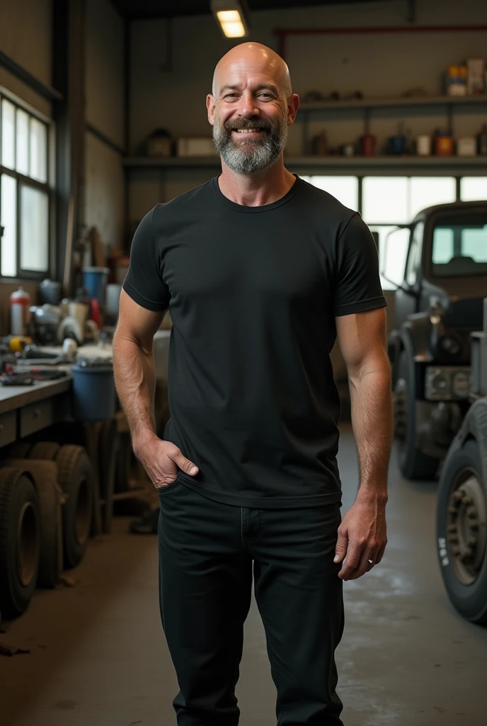 Man 1,83, shaved hair very short, big smile, brown hair and beard and white, untanned skin, with a mole on his cheek and a receding hairline, standing full-length in a truck workshop dressed in black, slim and thin body