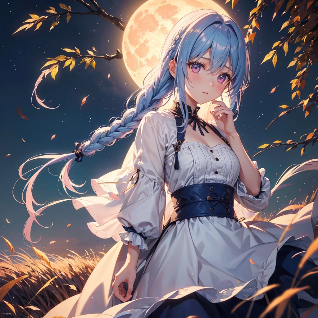 (Braiding hair),(Sky blue medium hair), (Pink eyes),(Fair skin) ,(whole body),(One Girl),(harvest moon),(A large amount of Miscanthus sinensis in the background),autumn,(full moon),(masterpiece, Highest quality, Very detailed, Best Shadow), (Detailed Background), (Beautifully detailed face), High Contrast, (Best lighting, Very delicate and beautiful), ((Cinematic Light)), Hyper Detail,8k, Dramatic Light, Intricate details,Autumn leaf viewing,