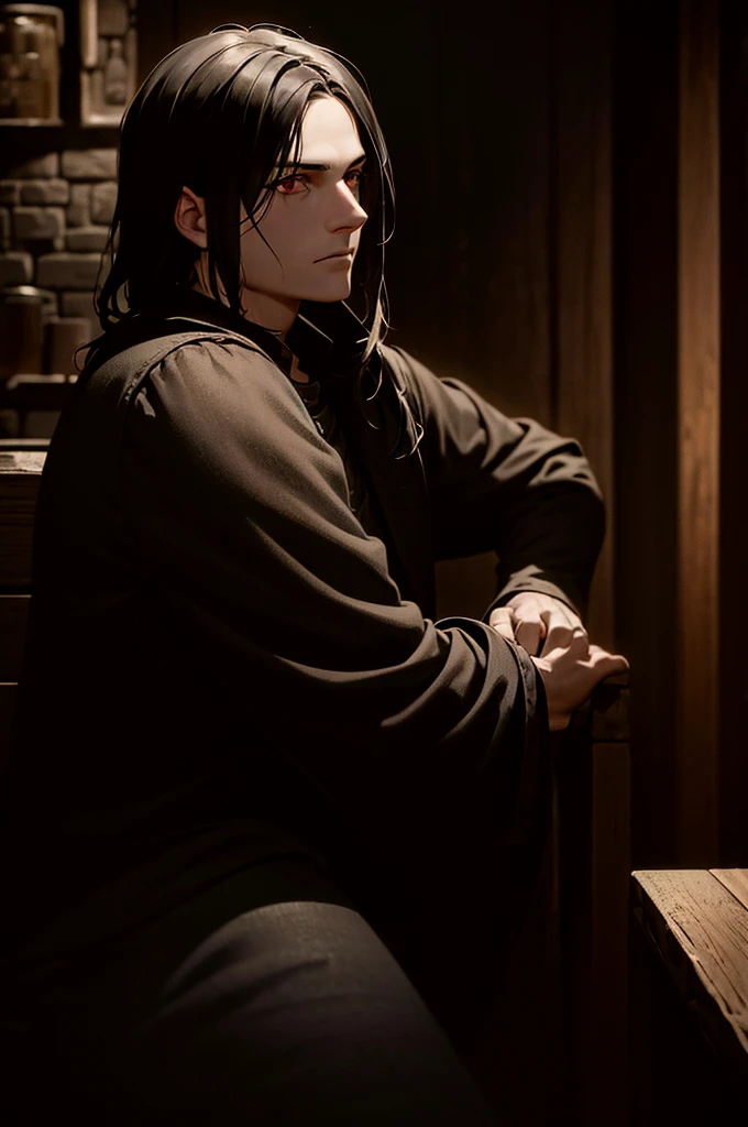 a dark medieval tavern at night, a male adventurer in his 30s with short black hair and red eyes waiting with a slight smile as his friend returns with drinks, detailed environment, dramatic lighting, cinematic, fantasy, (best quality,4k,8k,highres,masterpiece:1.2),ultra-detailed,(realistic,photorealistic,photo-realistic:1.37),dramatic mood,moody lighting,detailed facial features,strong chiaroscuro,intricate textures,warm color palette